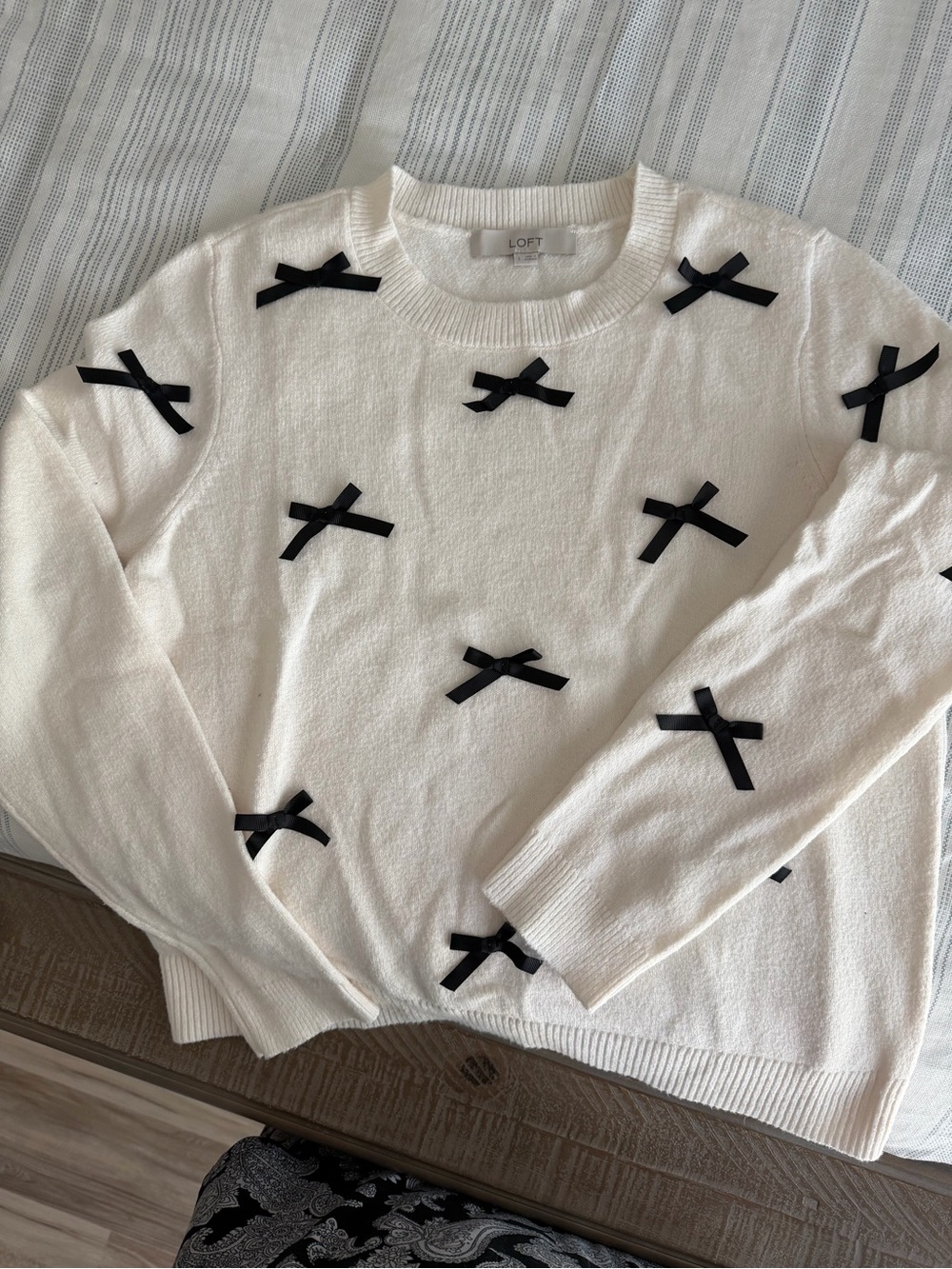LOFT White Crewneck Sweater with Black Bow Accents